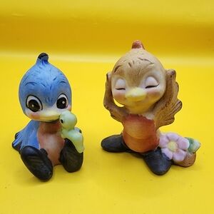 2 Vintage Josef Originals 2" Blue Bird Robin Miniature Bisque Porcelain Figures